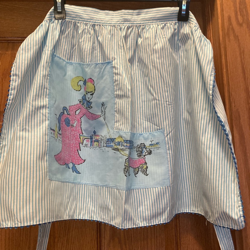 Vintage blue and white apron with graphic